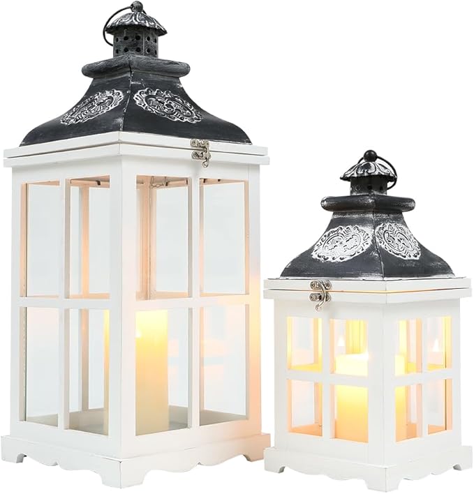 White Wood Decorative Lanterns (2pc)