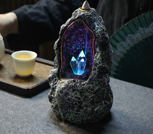 Creative Resin Backflow Incense Burner Crystal Cave Led Night Light Incense Creative Ornaments